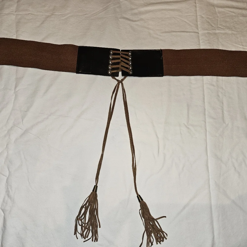 Boho Stretch Waist Belt Brown Elastic Faux Leather Lace Up Tassel Size M